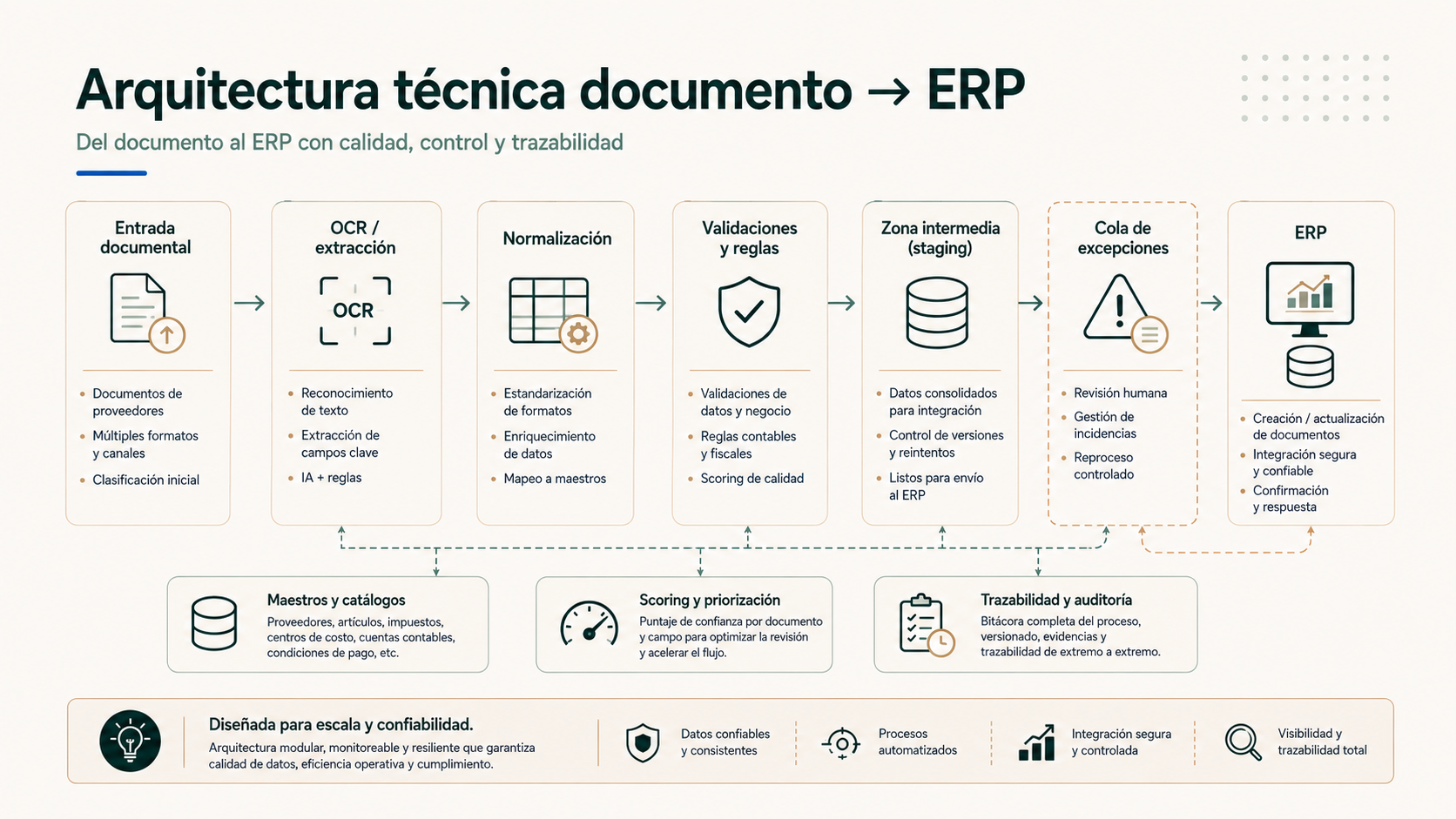 Arquitectura técnica desde la entrada documental hasta el ERP con validaciones, zona intermedia y cola de excepciones
