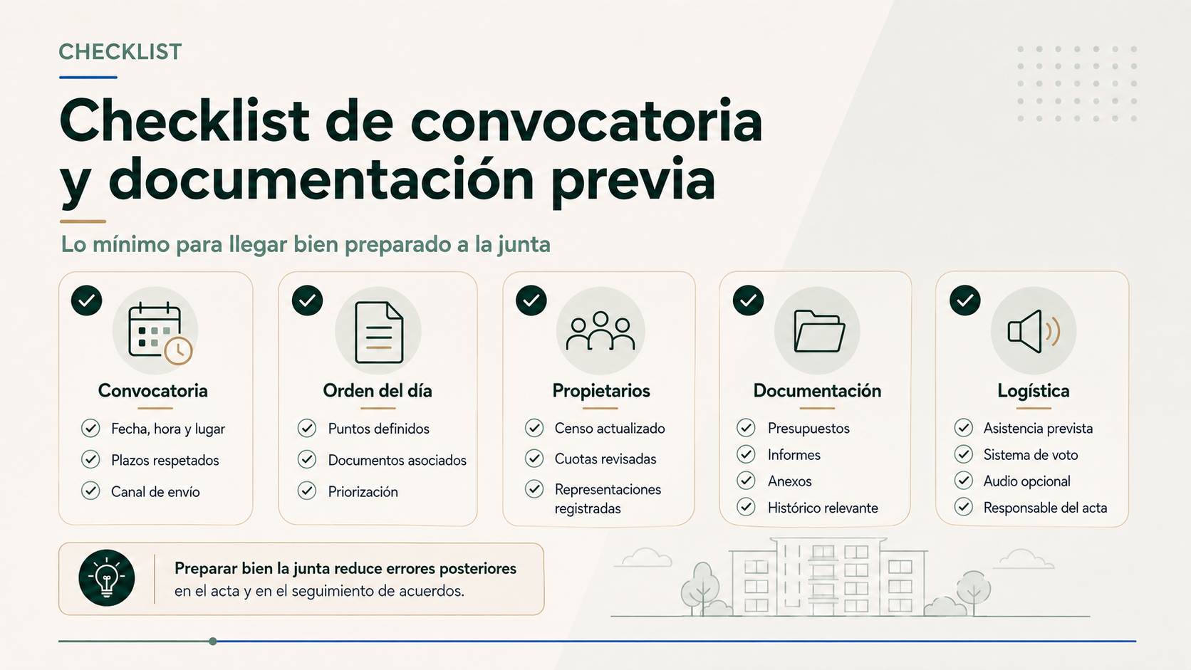Checklist de convocatoria y documentación previa para una junta de propietarios