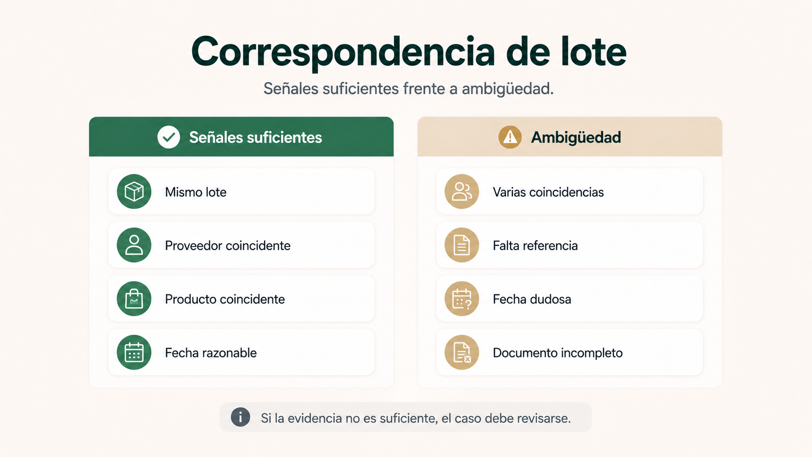 Correspondencia de lote con señales suficientes frente a situaciones ambiguas