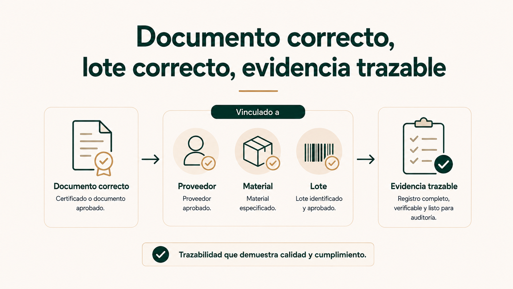 “Documento correcto, lote correcto, evidencia trazable”. Función: portada sintética. Concepto: un certificado se conecta de forma inequívoca con proveedor/material/lote y termina en una evidencia trazable; baja densidad.