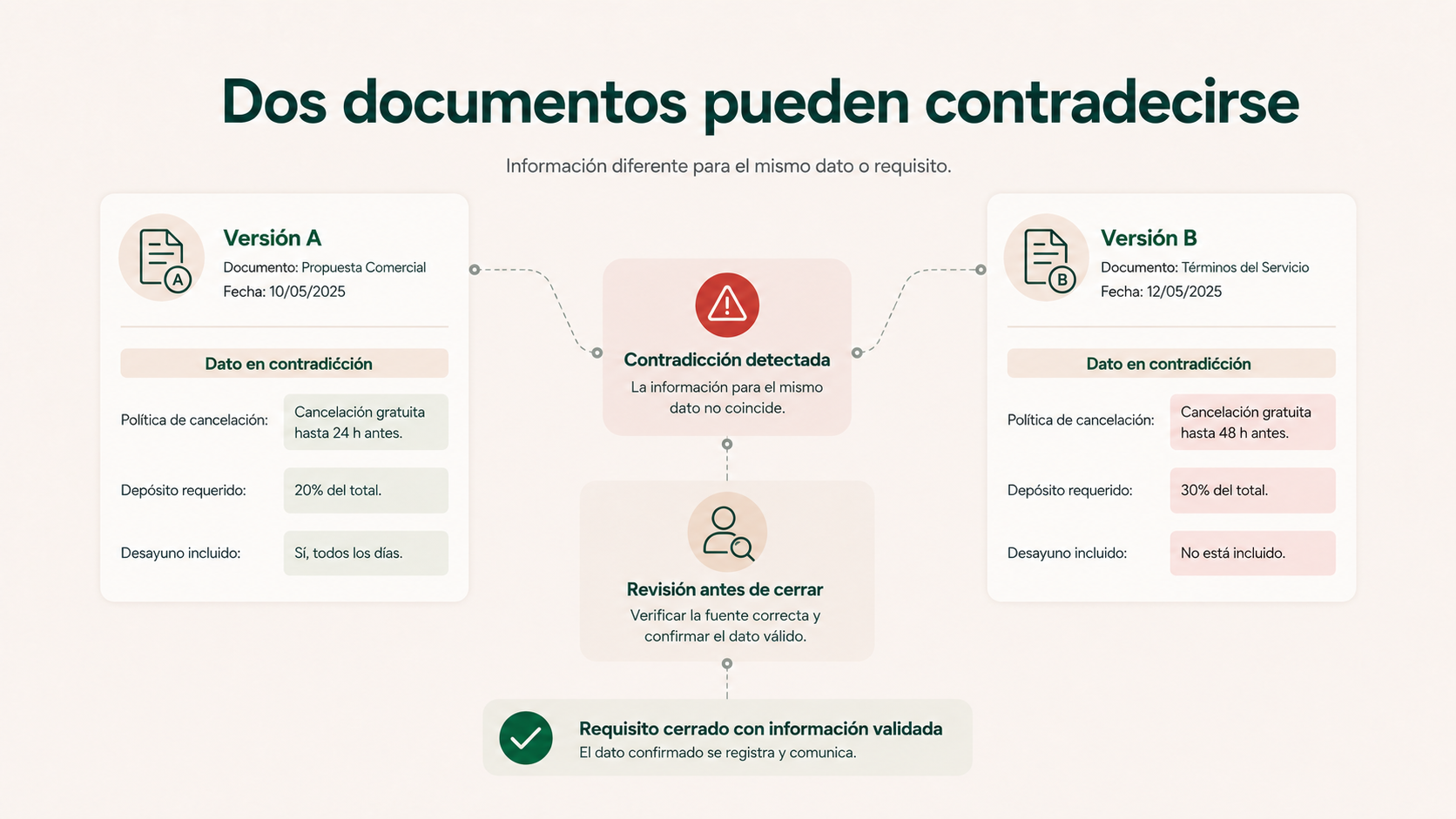 Comparación de dos documentos con datos diferentes antes de cerrar un requisito