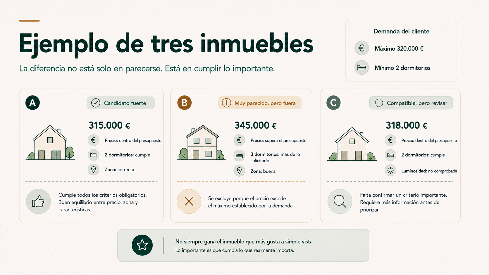 Ejemplo de tres inmuebles comparados con una misma demanda inmobiliaria