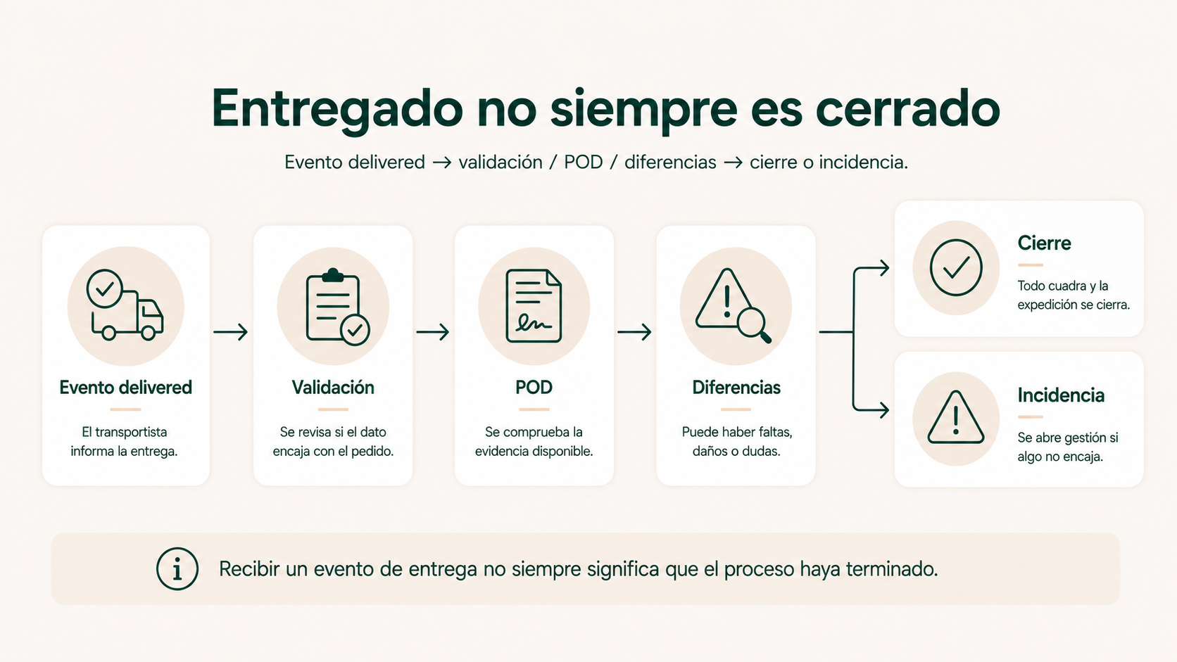 Proceso desde el evento de entrega hasta validación, prueba de entrega, diferencias, cierre o incidencia