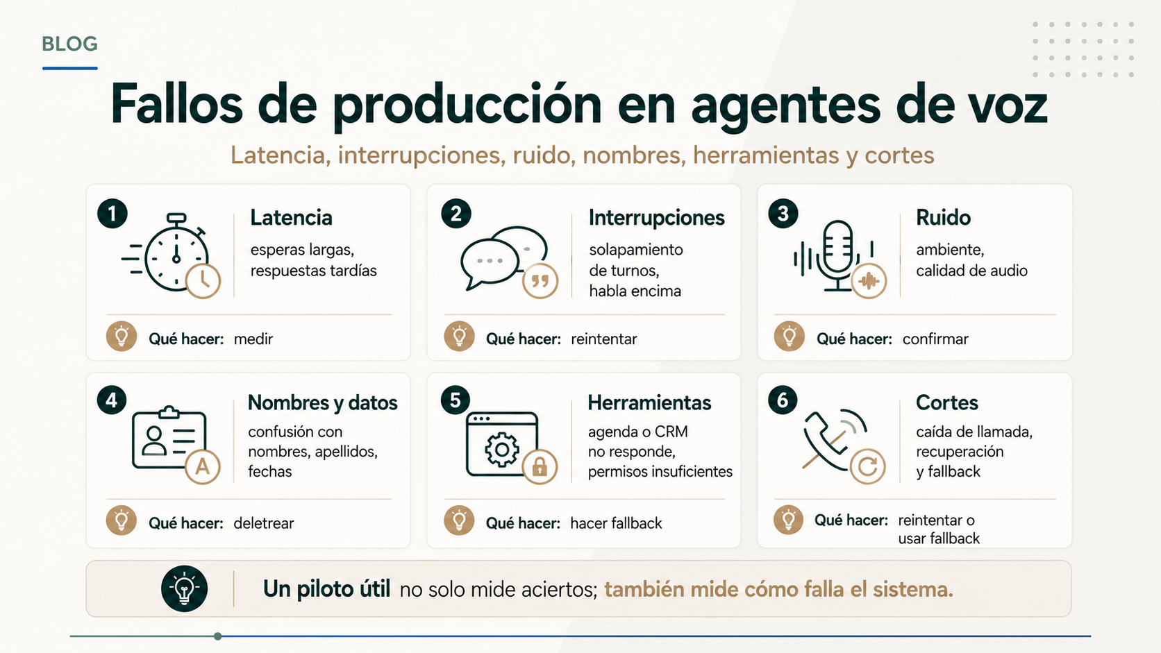 Infografía de fallos de producción en agentes de voz con latencia interrupciones ruido nombres herramientas y cortes