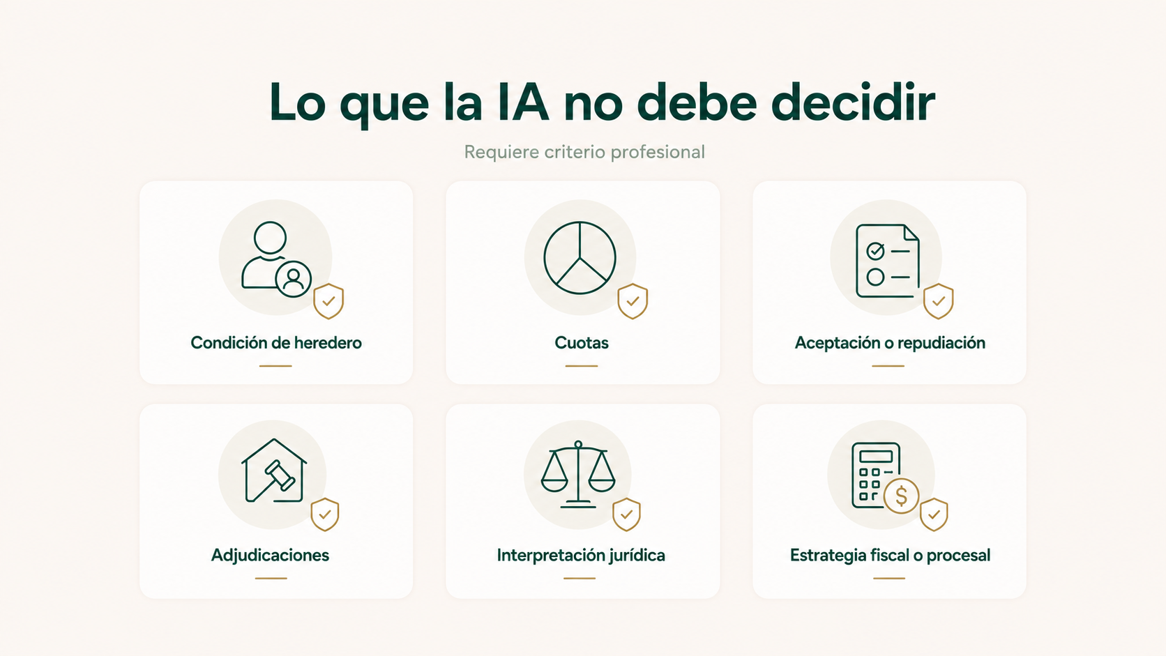 Decisiones de testamentaría que requieren criterio profesional, como condición de heredero, cuotas, aceptación, adjudicaciones, interpretación jurídica y estrategia fiscal o procesal.