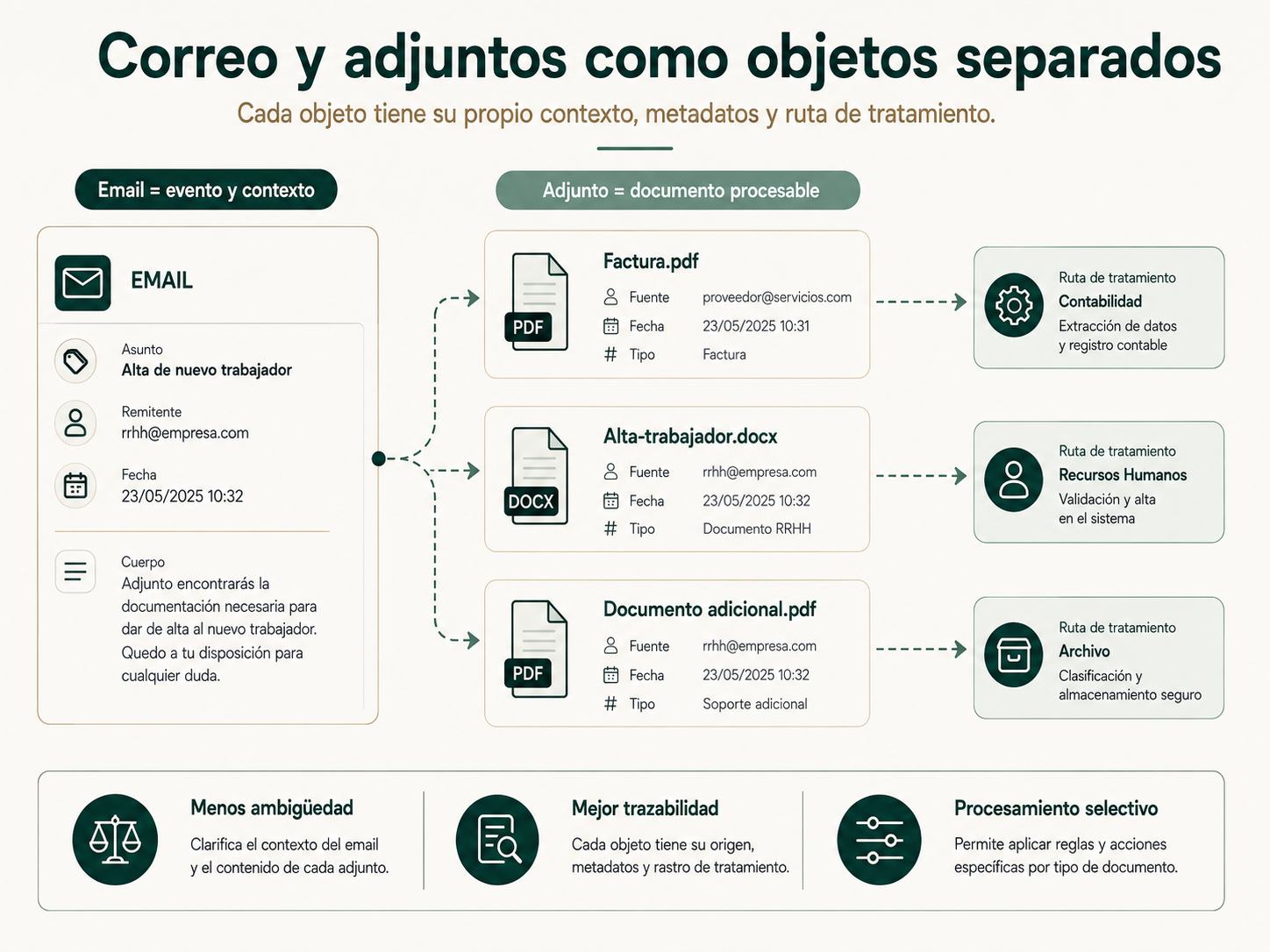 Mapa que separa el correo y sus adjuntos como objetos con tratamientos diferentes