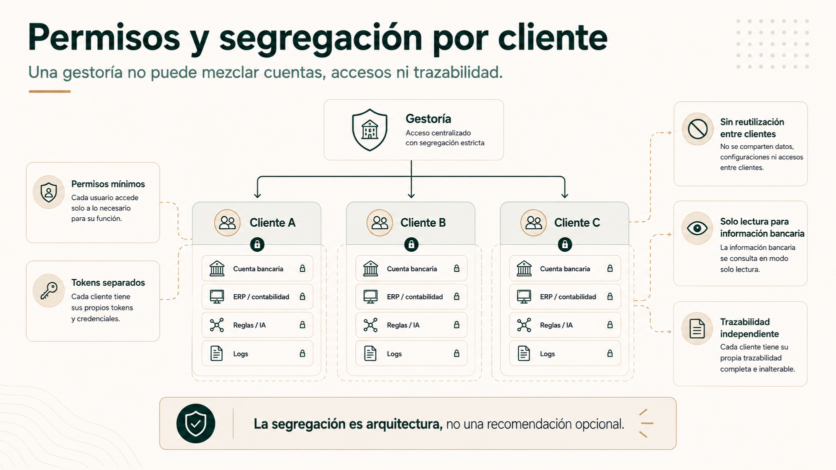 Mapa de permisos y segregación por cliente en una gestoría con múltiples cuentas bancarias