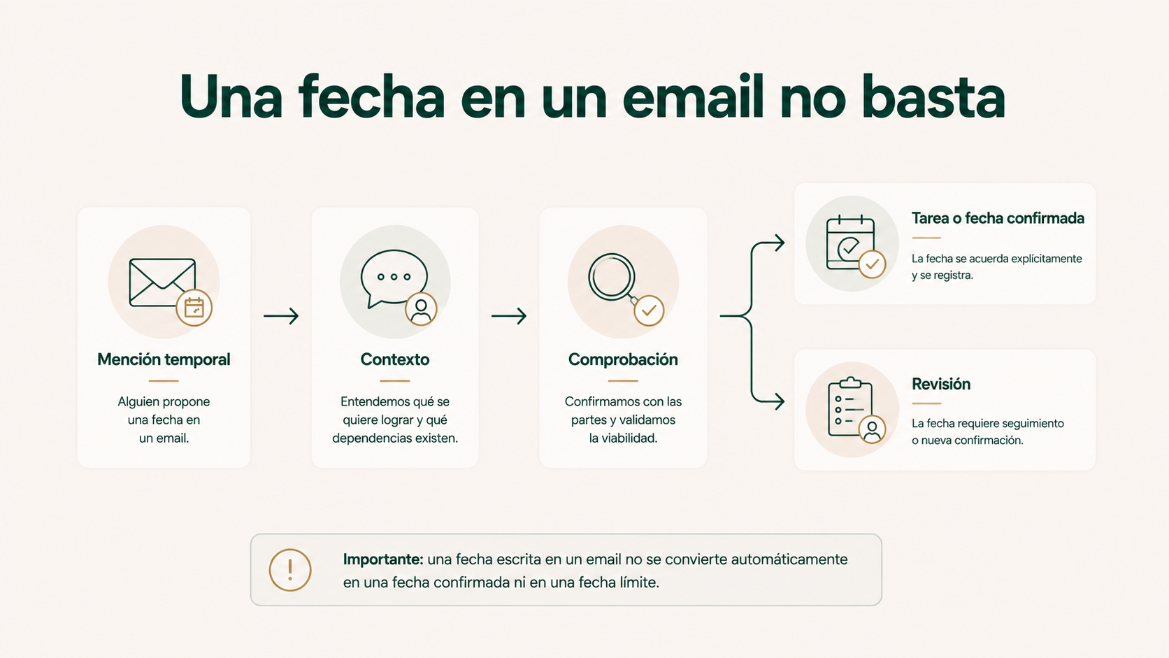 Una fecha mencionada en un correo pasa por contexto y comprobación antes de convertirse en tarea, fecha confirmada o revisión.