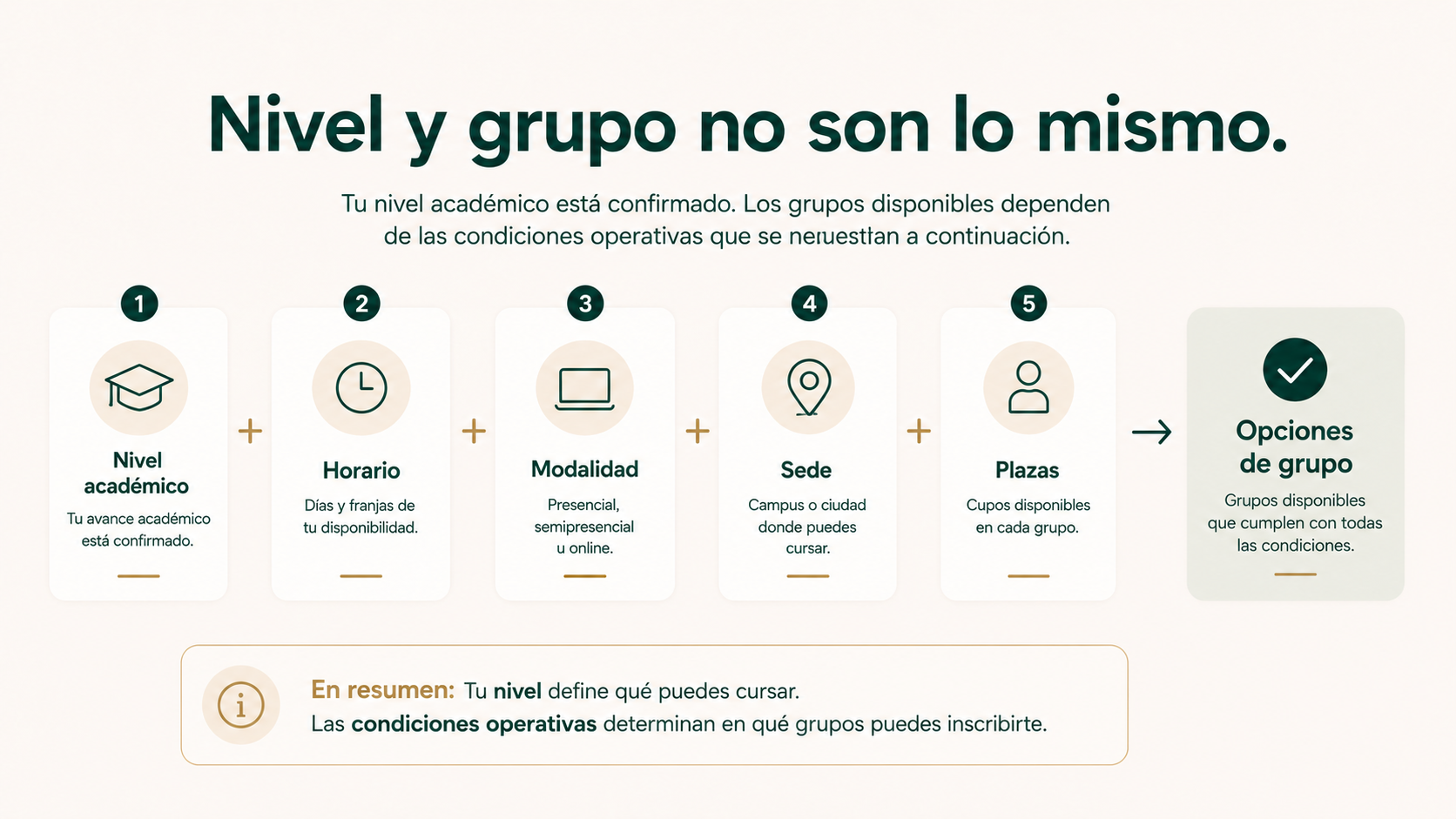 El nivel académico confirmado se combina con horario, modalidad, sede y plazas para encontrar grupos compatibles.