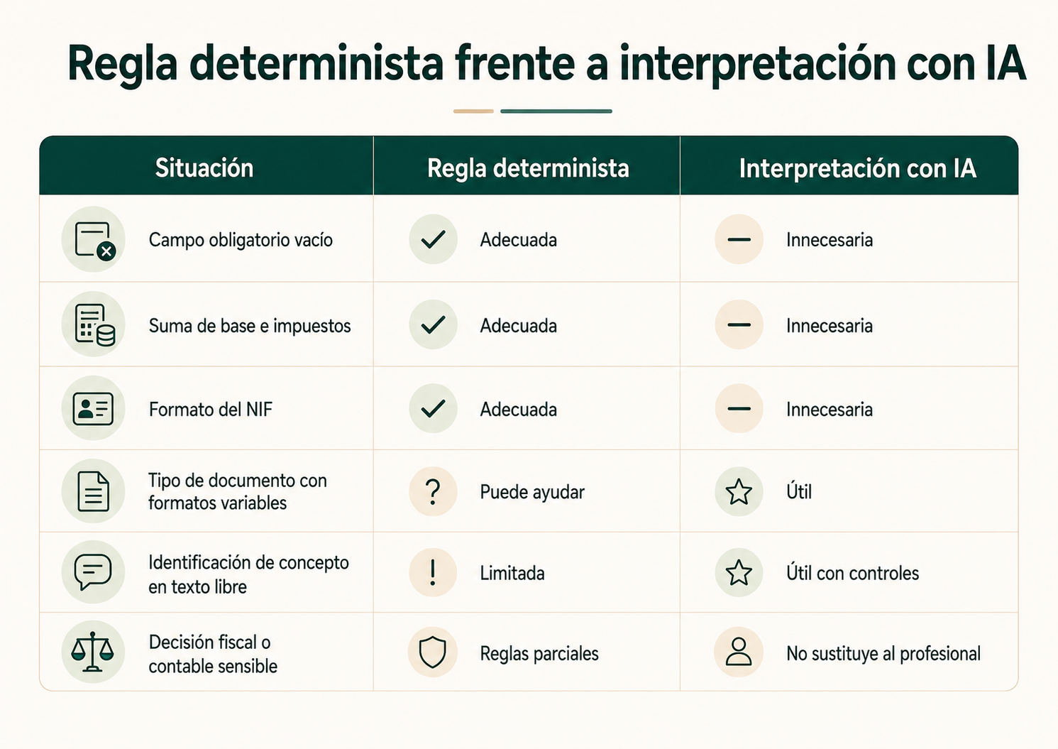 Tabla comparativa entre reglas deterministas e interpretación con inteligencia artificial